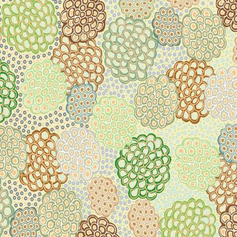 Dancing Flowers green by June Smith is a lovely design in light colors, depicting flower heads.  Made from 100% fine cotton, this fabric features an elegant flower pattern in soft greens, pastel pink, and ecru on a light green background. 