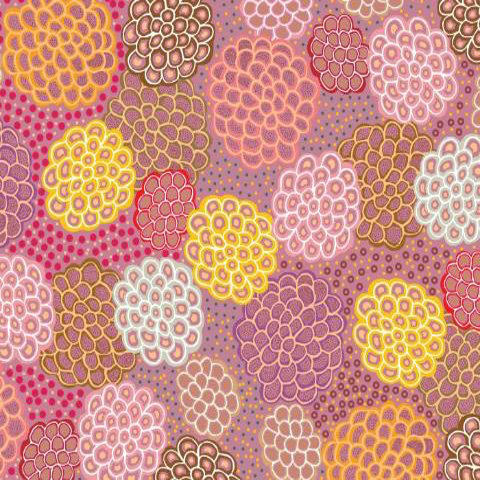 This exquisite fabric, designed by Aboriginal artist June Smith, features intricate pink, mauve, yellow, and tan flowers on a soft earth colored background.