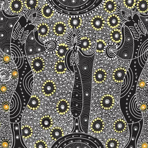 Dancing Spirit Black Australian Aboriginal fabric depicts the wise old women that are the spirits dancing.