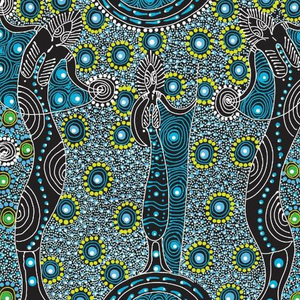 Dancing Spirit Blue Australian Aboriginal fabric depicts the wise old women that are the spirits dancing.