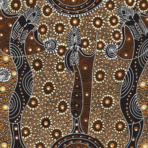 Dancing Spirit Brown Australian Aboriginal fabric depicts the wise old women that are the spirits dancing.
