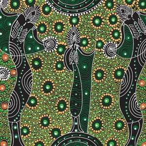 Dancing Spirit Green Australian Aboriginal fabric depicts the wise old women that are the spirits, dancing. 