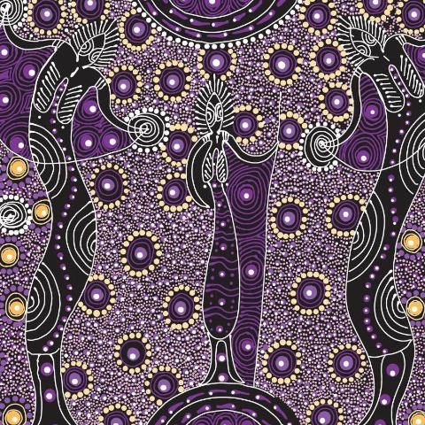 Dancing Spirits Purple Australian Aboriginal fabric depicts the wise old women that are the spirits dancing.