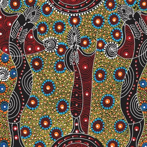 Dancing Spirit Red Australian Aboriginal fabric depicts the wise old women that are the spirits, dancing. 