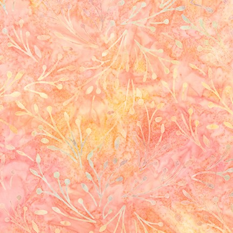 100 % fine cotton Patina fabric was batiked by talented artisans to make it look like delicate light branches with flower buds on a peachy - salmon background.