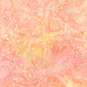 100 % fine cotton Patina fabric was batiked by talented artisans to make it look like delicate light branches with flower buds on a peachy - salmon background.