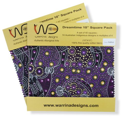 The Dreamtime 10" Square packs in purples are comprised of 20 different prints of Australian Aboriginal fabric, 2 squares of each print for a total of 40 squares.