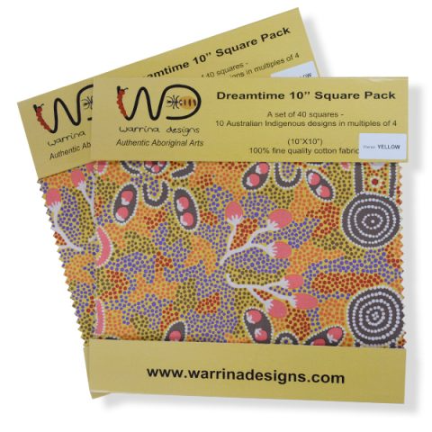 The Dreamtime 10" Square packs in yellow are comprised of 20 different prints of Australian Aboriginal fabric, 2 squares of each print for a total of 40 squares.