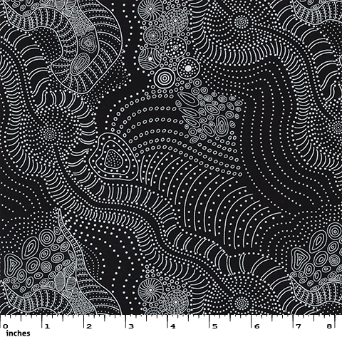 Dreamtime Riverbed black Australian Aboriginal fabric by Anna Pitjara is a lovely design of swirling waters in riverbeds, and the patterns that form in the sand.