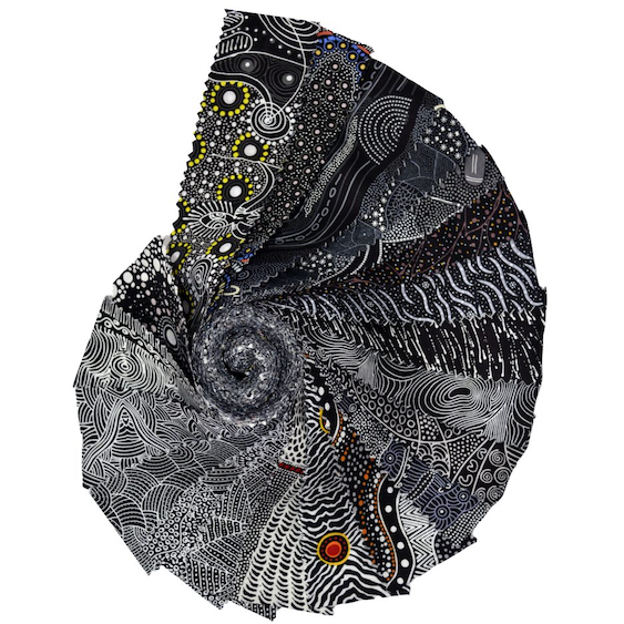 The Dreamtime Rolls of 20 black Australian Aboriginal Fabric strips (2.5" wide) are composed of 10 different prints, two strips of each. 