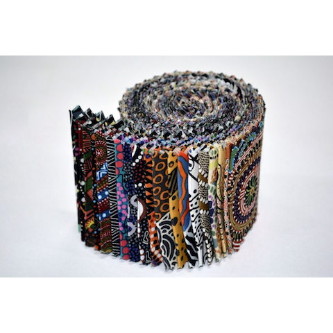 The Dreamtime Rolls of 20 Multicolored Australian Aboriginal Fabric strips (2.5" wide) are composed of 10 different prints, two strips of each. 