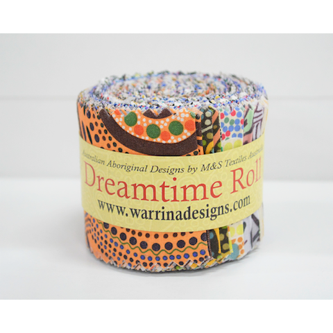 The Dreamtime Rolls of 20 Multicolored Australian Aboriginal Fabric strips (2.5" wide) are composed of 10 different prints, two strips of each. 