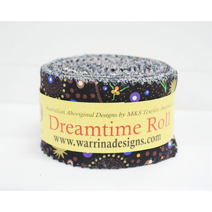 The Dreamtime Rolls of 40 black Australian Aboriginal Fabric strips (2.5" wide, 42" long) are composed of 20 different prints, two strips of each.