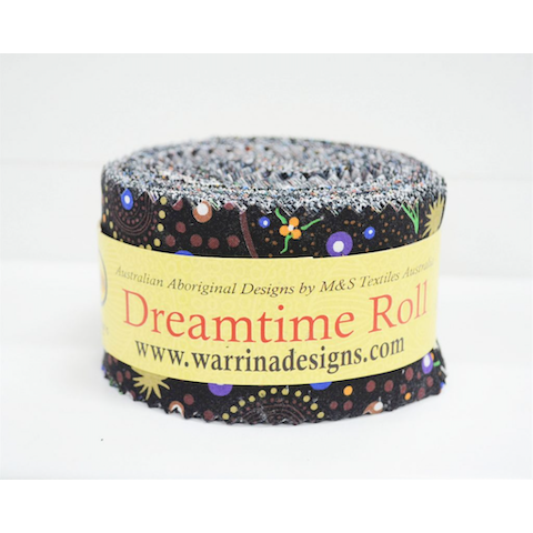 The Dreamtime Rolls of 40 black Australian Aboriginal Fabric strips (2.5" wide, 42" long) are composed of 20 different prints, two strips of each.