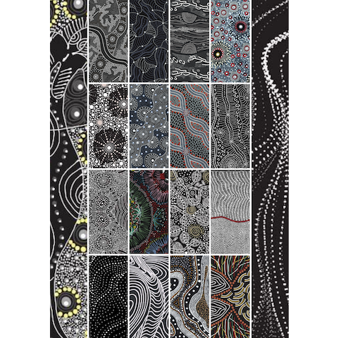 The Dreamtime Rolls of 40 black Australian Aboriginal Fabric strips (2.5" wide, 42" long) are composed of 20 different prints, two strips of each.