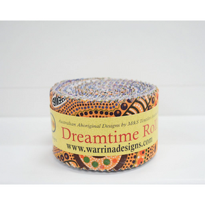 The Dreamtime Rolls of 40 multicolored Australian Aboriginal Fabric strips (2.5" wide, 42" long) are composed of 20 different prints, two strips of each.