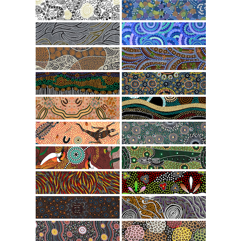 The Dreamtime Rolls of 40 multicolored Australian Aboriginal Fabric strips (2.5" wide, 42" long) are composed of 20 different prints, two strips of each.