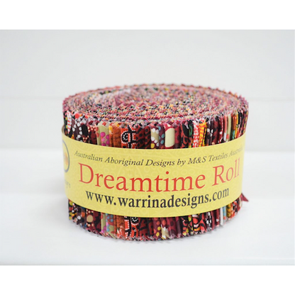 The Dreamtime Rolls of 40 red Australian Aboriginal Fabric strips (2.5" wide, 42" long) are composed of 20 different prints, two strips of each.
