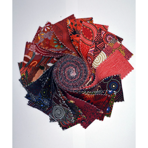 The Dreamtime Rolls of 40 red Australian Aboriginal Fabric strips (2.5" wide, 42" long) are composed of 20 different prints, two strips of each.