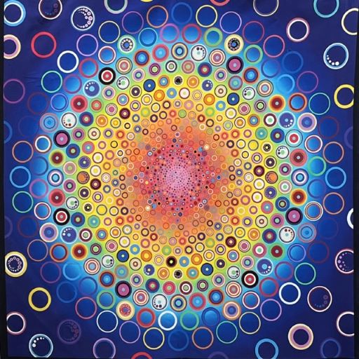 The Effervescence panel, designed by Amelia Caruso for Robert Kaufmann, is a happy assembly of bubbles in all colors of the rainbow on a dark blue background.