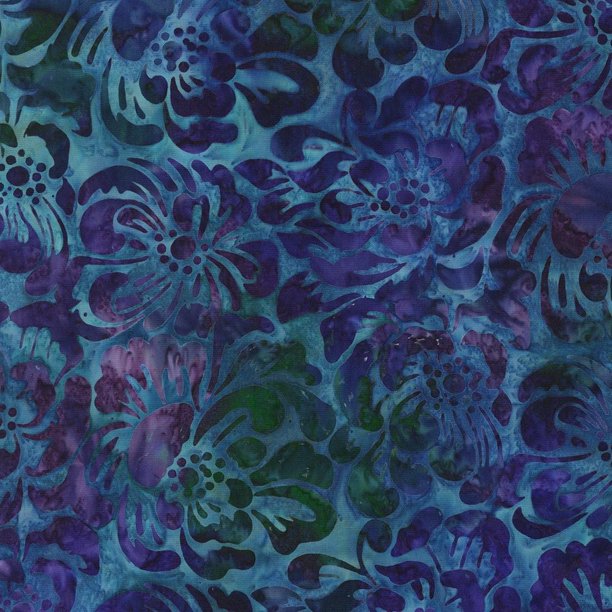 Peacock from the Evening Glow line is a striking batik fabric in a lovely flower pattern in purples, dark greens and navy on a medium blue background. 