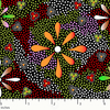Flowers in the Desert Black Australian Aboriginal fabric by Lauren Doolan depicts orange flowers profusely blooming in the desert after a rare rainfall, set against a black background