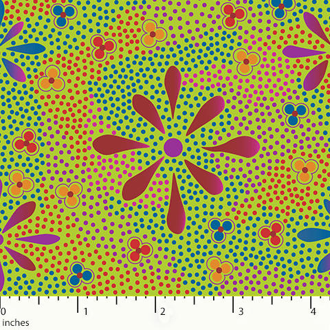 Flowers in the Desert Black Australian Aboriginal fabric by Lauren Doolan depicts red flowers profusely blooming in the desert after a rare rainfall, set against a green background.