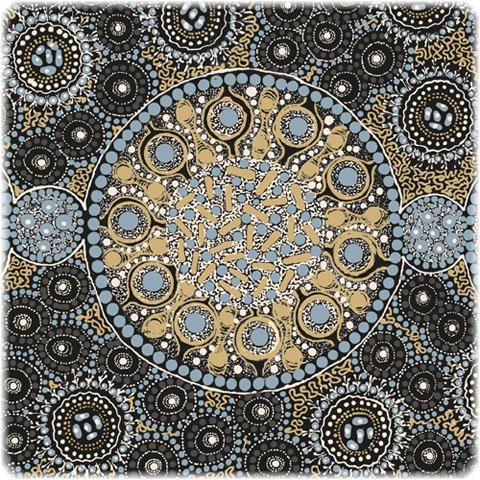 Fresh Life After Rain is the depiction of the sudden stirring of plant life after a rare rain in the semi-desert area in Central Australia. The original designation of the fabric is black, but it has nice blues and tans in it, too.