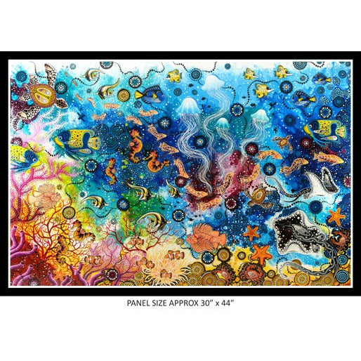Fresh, Salt Water Dreaming Panel was created by Australian indigenous artist Chern'ee Sutton, depicting a gorgeous underwater scene with everything you love: fish, turtles, sea horses, jelly fish and corals.