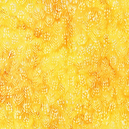 100 % cotton high thread count Patina fabric was batiked by talented artisans, depicting light yellow spears of grains against a mottled darker yellow background