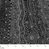 Gathering by the Creek Australian Aboriginal fabric in black depicts a creek in soft hues of black, white and purplish grey.