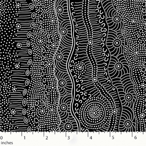 Gathering by the Creek Australian Aboriginal fabric in black depicts a creek in soft hues of black, white and purplish grey.