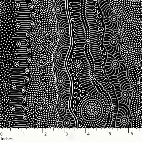 Gathering by the Creek Australian Aboriginal fabric in black depicts a creek in soft hues of black, white and purplish grey.