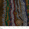 Gathering by the Creek Australian Aboriginal fabric in black depicts a creek in happy colors of green, yellow, white and brown.