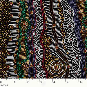 Gathering by the Creek Australian Aboriginal fabric in black depicts a creek in happy colors of green, yellow, white and brown.