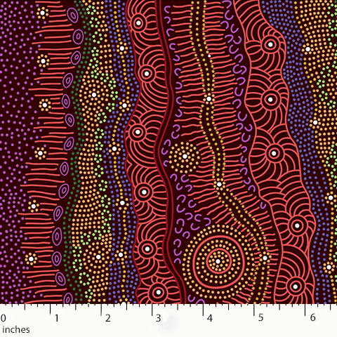 Gathering by the Creek Australian Aboriginal fabric in burgundy depicts a creek in lavish colors of burgundy, red, purple and blue.