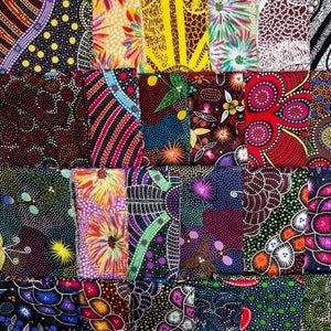 The January 2023 collection of Australian Aboriginal prints designed by a number of different artists has something for everyone: small scale, large scale. Exciting designs in brilliant colors, printed on 100 % soft hand cotton.