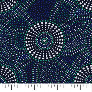 Kangaroo Path 2 Rayon in blue  is a dynamic design of circles in blue, white and emerald on a black background. 