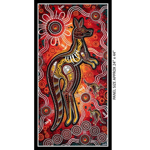 Kangaroo Dreaming Panel was created by Chern'ee Sutton, depicting a large Kangaroo in brilliant shades of red, with a hot Australian sun shining behind it.