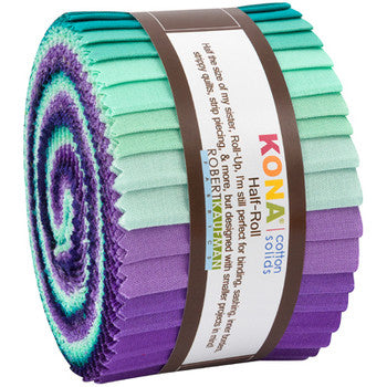 Solid gradations from soft mint green to deep emerald, complemented by gradations from lilac to Imperial Purple, printed on the famous Robert Kaufman Kona Cotton.