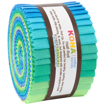 Solid gradations from transparent greens to turquoises and medium blues, printed on the famous Robert Kaufman Kona Cotton. 