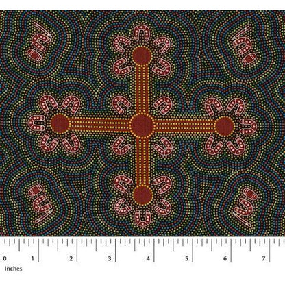 This Australian Aboriginal fabric represents Ladies Dancing at a Ceremony in vibrant gold, red, pink and purple, the ladies being depicted as the "U" shaped symbols.