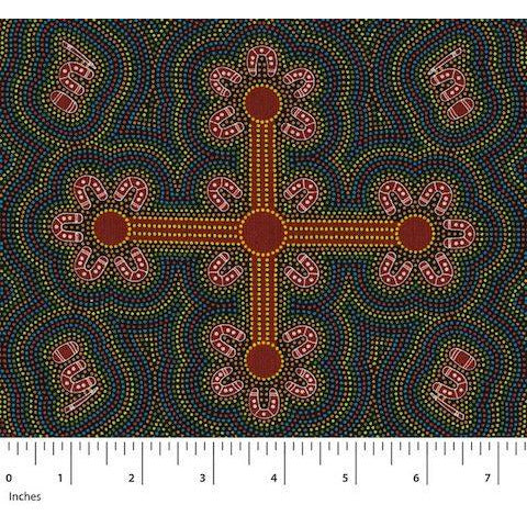 This Australian Aboriginal fabric represents Ladies Dancing at a Ceremony in vibrant gold, red, pink and purple, the ladies being depicted as the "U" shaped symbols.