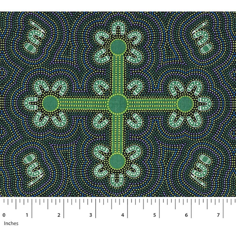 This Australian Aboriginal fabric represents Ladies Dancing at a Ceremony in vibrant shades of green, the ladies being depicted as the "U" shaped symbols. 