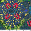 Leaves and Fruit blue gold is a large design by aboriginal artist Jocelyn Bird in blues, golden yellows, green and red with a very large 23.75" repeat. 