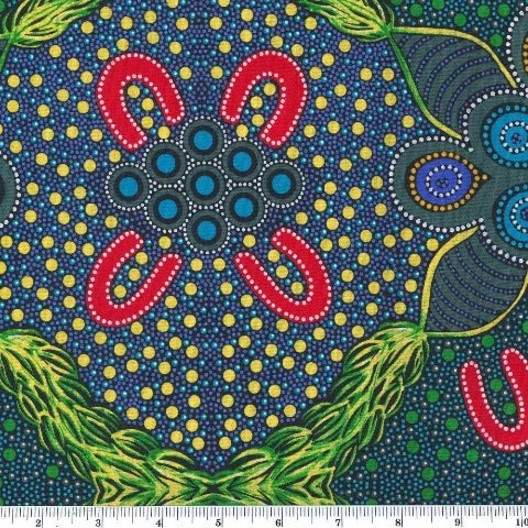 Leaves and Fruit blue gold is a large design by aboriginal artist Jocelyn Bird in blues, golden yellows, green and red with a very large 23.75" repeat. 