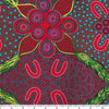 Leaves and Fruit red is a large design by aboriginal artist Jocelyn Bird in many shades of red, with green and turquoise accents and a very large 23.75" repeat.
