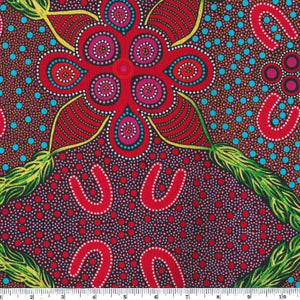 Leaves and Fruit red is a large design by aboriginal artist Jocelyn Bird in many shades of red, with green and turquoise accents and a very large 23.75" repeat.