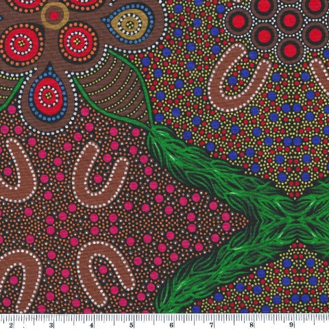 Leaves and Fruit brown is a large design by aboriginal artist Jocelyn Bird in browns, magenta, green and purple with a very large 23.75" repeat.