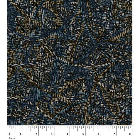 This deeply emotional representation of lost cultural connections in muted shades of blue, turquoise, gold and white is an excellent Australian Aboriginal Fabric.